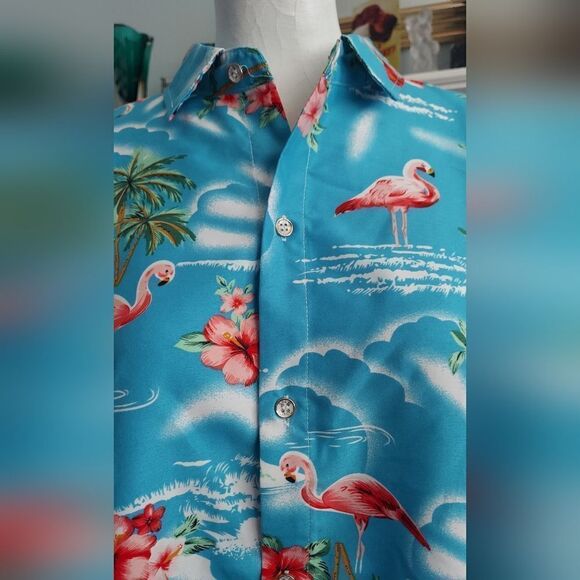 NWT SSLR Mens Hawaiian Tropical Button Down Shirt  Flamingo Palm Size L - Picture 3 of 10